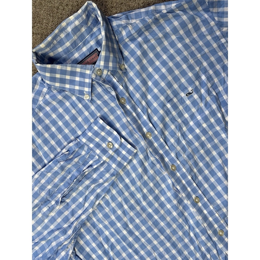 Vineyard Vines Men's Large Tucker Shirt Gingham Plaid Blue White With Pocket‎